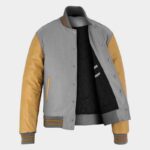 Men's Gray Wool Jacket with Gold Leather Sleeves Handcrafted Designer Style - Image 3