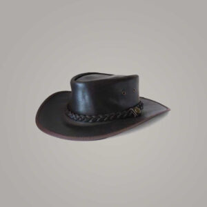 Handmade Black Leather Outback Hat with Braided Band for Men and Women