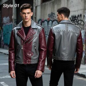 Handmade Grey and Maroon Studded Leather Biker Jacket