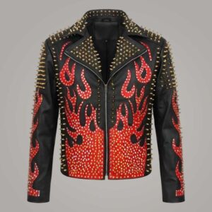 Men's Black Flame Studded Punk Biker Leather Jacket