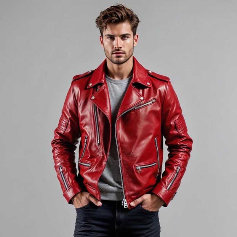 Handmadevibrantredmotorcyclejacketfeaturinggenuinelambskinandlapelcollardesign Men's Red Lambskin Leather Biker Jacket - Image 1