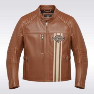 Harley Davidson Style Brown Leather Motorcycle Jacket with Racing Stripes