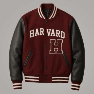 Harvard Maroon Varsity Jacket with Black Leather Sleeves