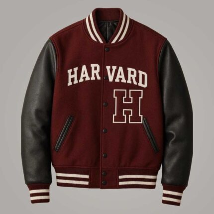 Harvard Maroon Varsity Jacket with Black Leather Sleeves