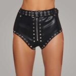 High Waisted Black Leather Shorts with Studs - Image 2