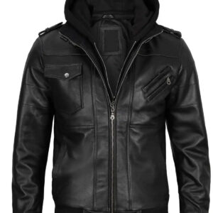 Hooded Genuine Leather Black Bomber Jacket