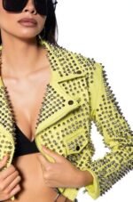 Hot Womens Yellow Punk Brando Studded Leather Biker Jacket - Image 4