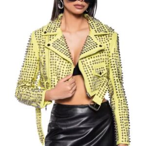 Hot Womens Yellow Punk Brando Studded Leather Biker Jacket