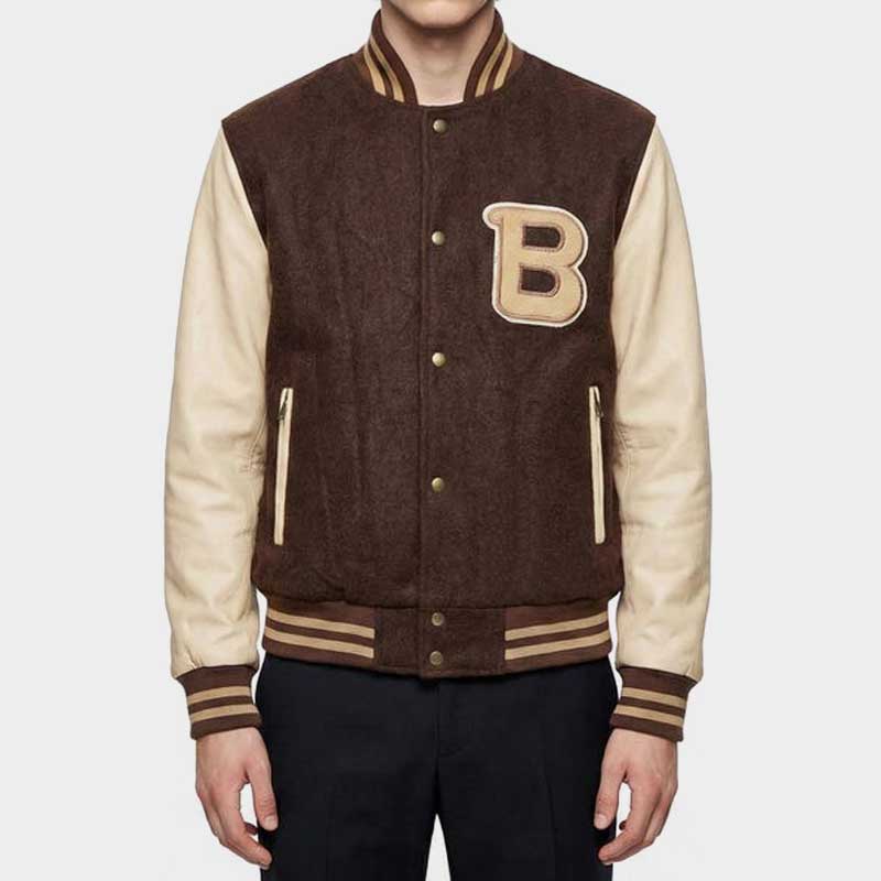 HotlineMiamiPayday2BrownVarsityBomberJacketwithChenillePatch Hotline Miami Payday 2 Brown Varsity Bomber Jacket with Chenille Patch - Image 1