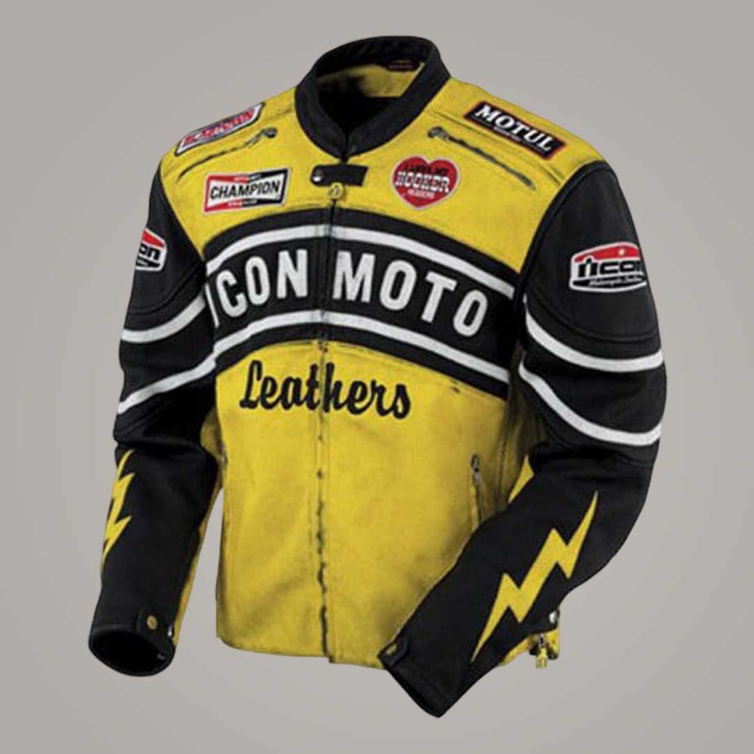 IconDaytonaYellowMotoLeatherJacketwithCEArmorFrontViewbyJacketsKingdom Icon Daytona Yellow Moto Leather Jacket with CE Armor Protection - Image 1