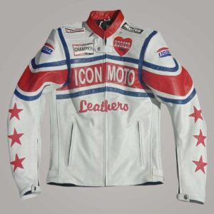 Icon Moto Vintage Red White Blue Leather Racing Jacket for Men