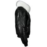 Iconic Black V-Bomber Jacket With Fur Collar - Leather Down Jacket - Image 3