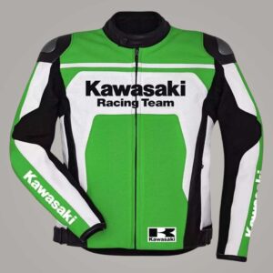 Kawasaki Racing Team Leather Motorcycle Jacket Green and White for Men