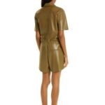 Khaki Brown Drawstring Waist Leather Playsuit for Women - Image 2
