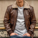 Chocolate Brown Leather Bomber Jacket - Image 4