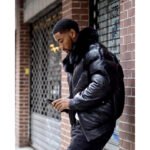 Men Black V Bomber Jacket with Black Fur Collar - Image 2