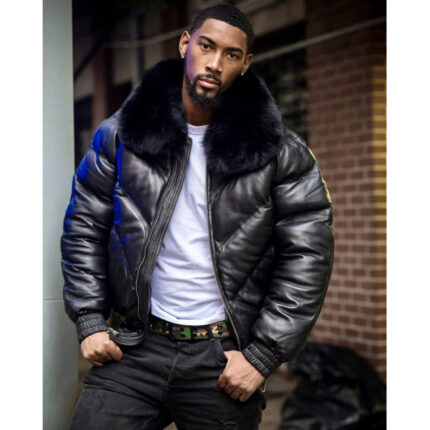 Men Black V Bomber Jacket with Black Fur Collar