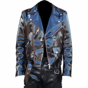Men?s EMO Gothic PVC Biker Jacket with Red Stitching