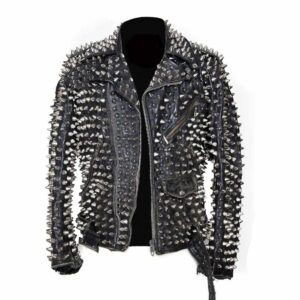 Men?s Punk Studded Black Leather Motorcycle Jacket
