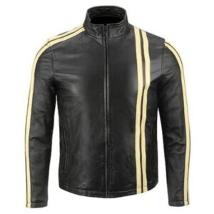 Men Classic Motorcycle Leather Jacket Yellow Stripes