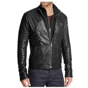 Men Zipper Black Leather Jacket