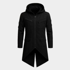 Men's Black Cotton Cyberpunk Long Coat Gothic Techwear Hooded Streetwear Jacket