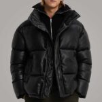 Men's Black Faux Leather Puffer Jacket with High Neck Collar