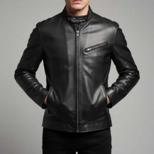 Men's Black Leather Jacket with Stand Collar Moto Style