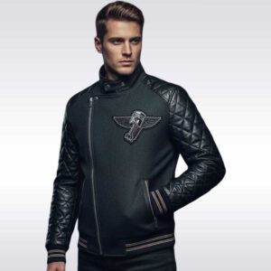Men's Black Quilted Leather Moto Varsity Jacket Wool Blend