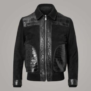 Men's Black Suede Leather Bomber Jacket with Crocodile Embossed