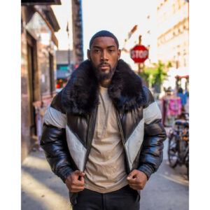 Men Black & White V Bomber Jacket with Black Fur Collar
