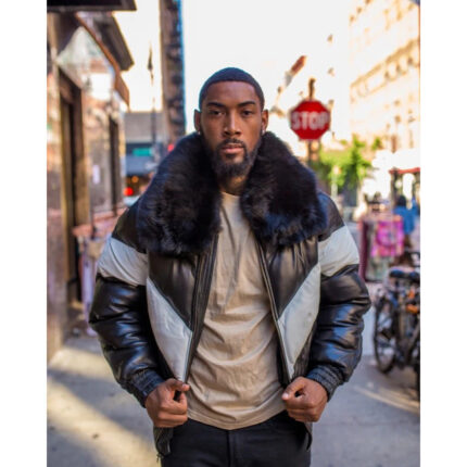 Men Black & White V Bomber Jacket with Black Fur Collar