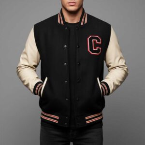Men's Black and Cream Varsity Jacket with Leather Sleeves