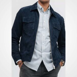 Men's Blue Suede Leather Cafe Racer Jacket