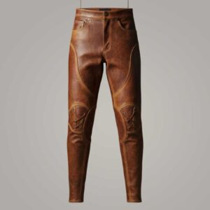 Men's Brown Sheepskin Leather Pants Vintage Biker Motorcycle Riding Trousers