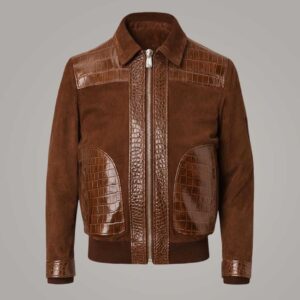 Men's Brown Suede Leather Bomber Jacket with Crocodile Embossed