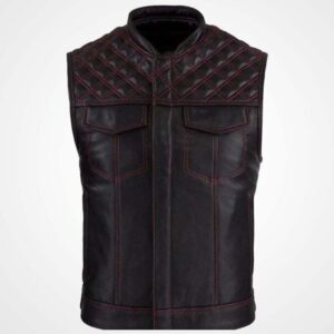 Men's Cowhide Leather Motorcycle Vest with Diamond Stitching