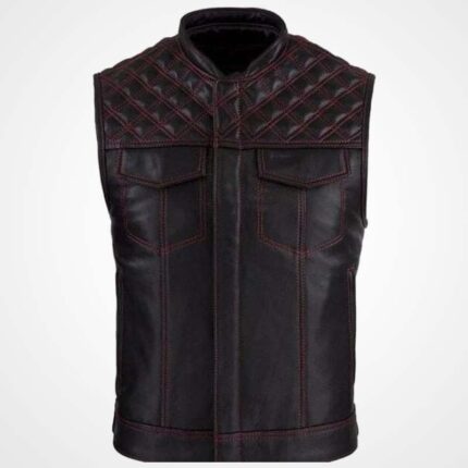 Men's Cowhide Leather Motorcycle Vest with Diamond Stitching