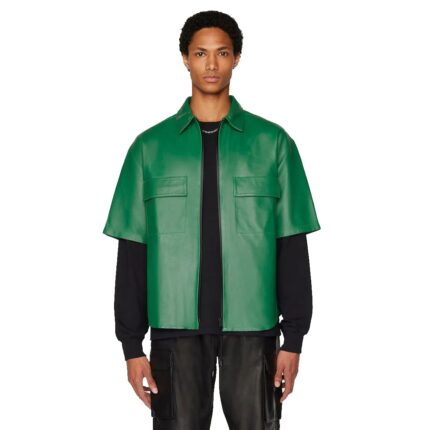 Men's Green Half Sleeve Leather Shirt
