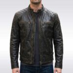 Men's Distressed Leather Cafe Racer Jacket with Quilted Shoulders