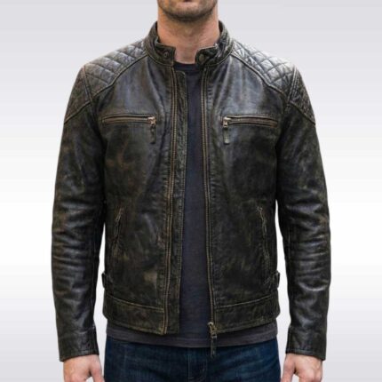Men's Distressed Leather Cafe Racer Jacket with Quilted Shoulders