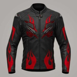 Men's Flame Detail Leather Motorcycle Jacket Red and Black Racing Style
