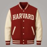 Men's Harvard Red Varsity Jacket with Genuine Leather Sleeves