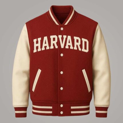 Men's Harvard Red Varsity Jacket with Genuine Leather Sleeves