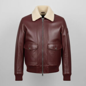 Men's Maroon Leather Bomber Jacket with Shearling Collar