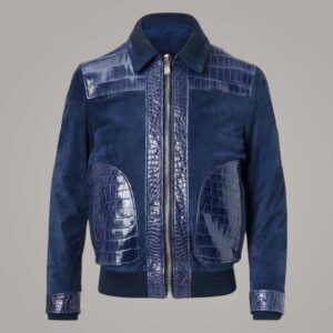 Men's Navy Blue Suede Leather Bomber Jacket with Crocodile Embossed Panels