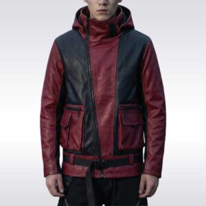 Men's Red Black Techwear Leather Jacket Cyberpunk Hooded Tactical Coat