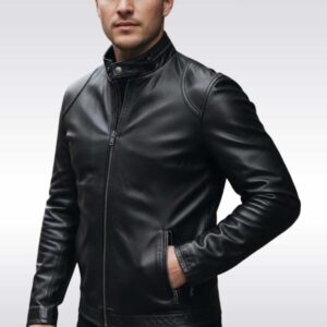 Men's Slim Fit Black Leather Moto Jacket with Zip Cuffs