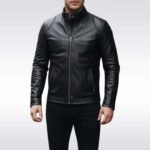 Men's Slim Fit Black Leather Moto Jacket with Zip Cuffs - Image 2