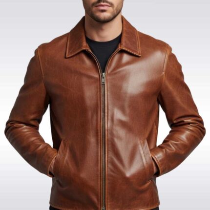 Men's Vintage Brown Leather Bomber Jacket Classic Outerwear